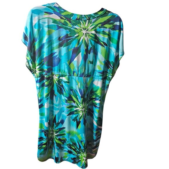 Tropical Floral V-Neck Dress In Vibrant Green & Blue Ingear Brand Medium Size Po - Picture 4 of 5